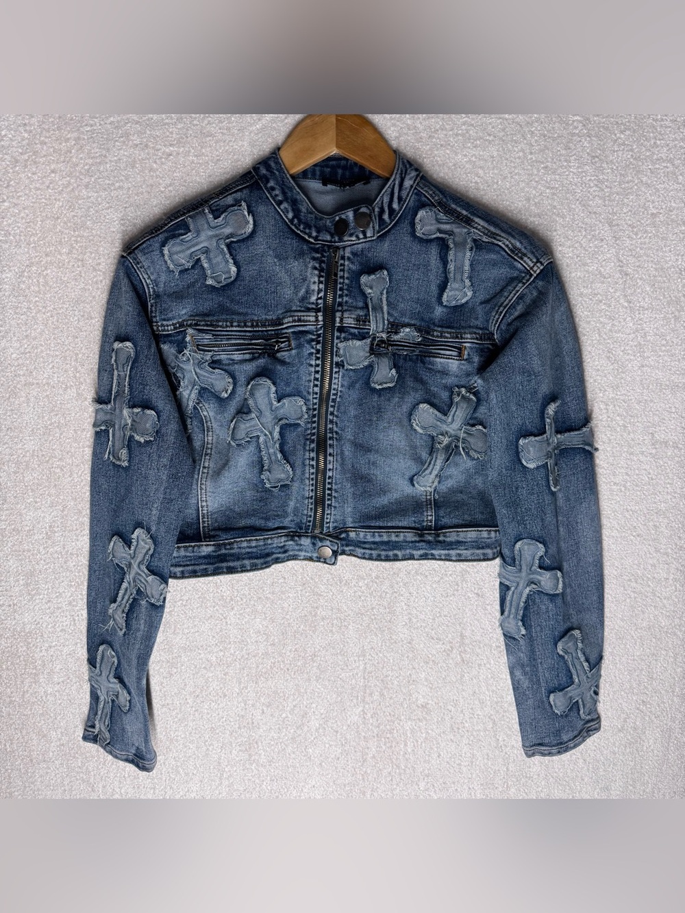 Rehab Lab Cropped Women's Denim Jacket with Cross Appliqués Small Women